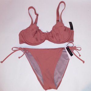 Victoria Secret Swim Bikini 38C Top XL‎ Bottom Mauve Ribbed Sling Cup String Tie